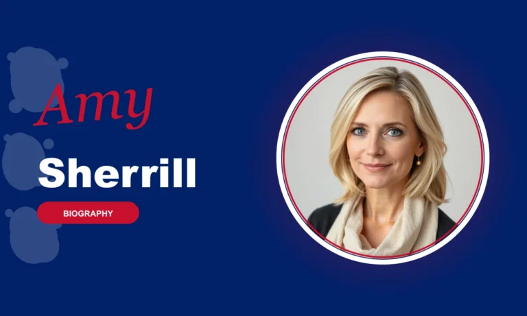 Amy Sherrill featured profile banner, navy background with circular portrait and red BIOGRAPHY badge