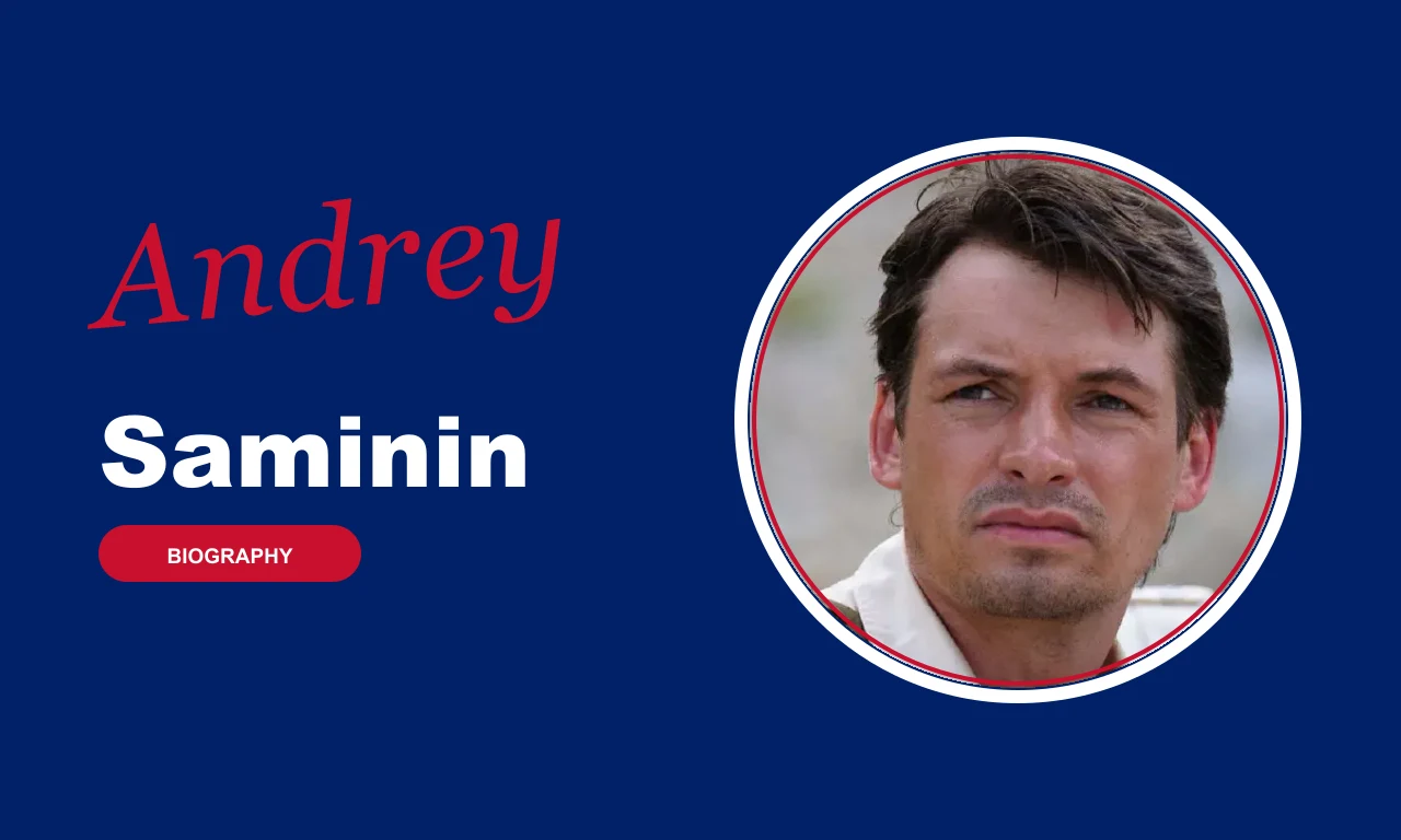 Andrey Saminin biography banner on navy background