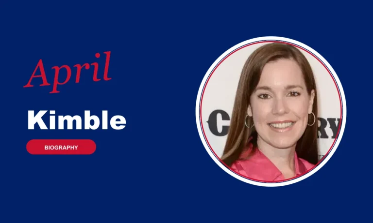 April Kimble biography banner on navy background