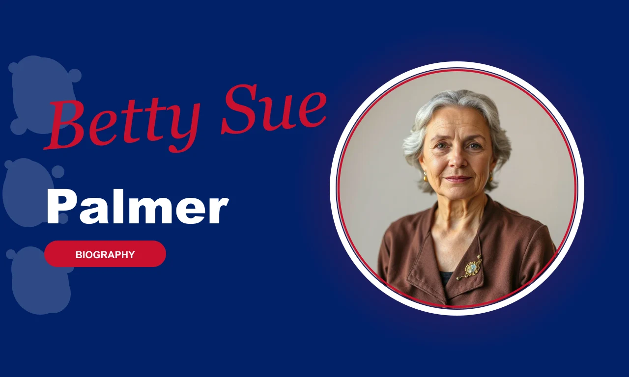 Betty Sue Palmer featured profile banner, navy background with circular portrait and red BIOGRAPHY badge