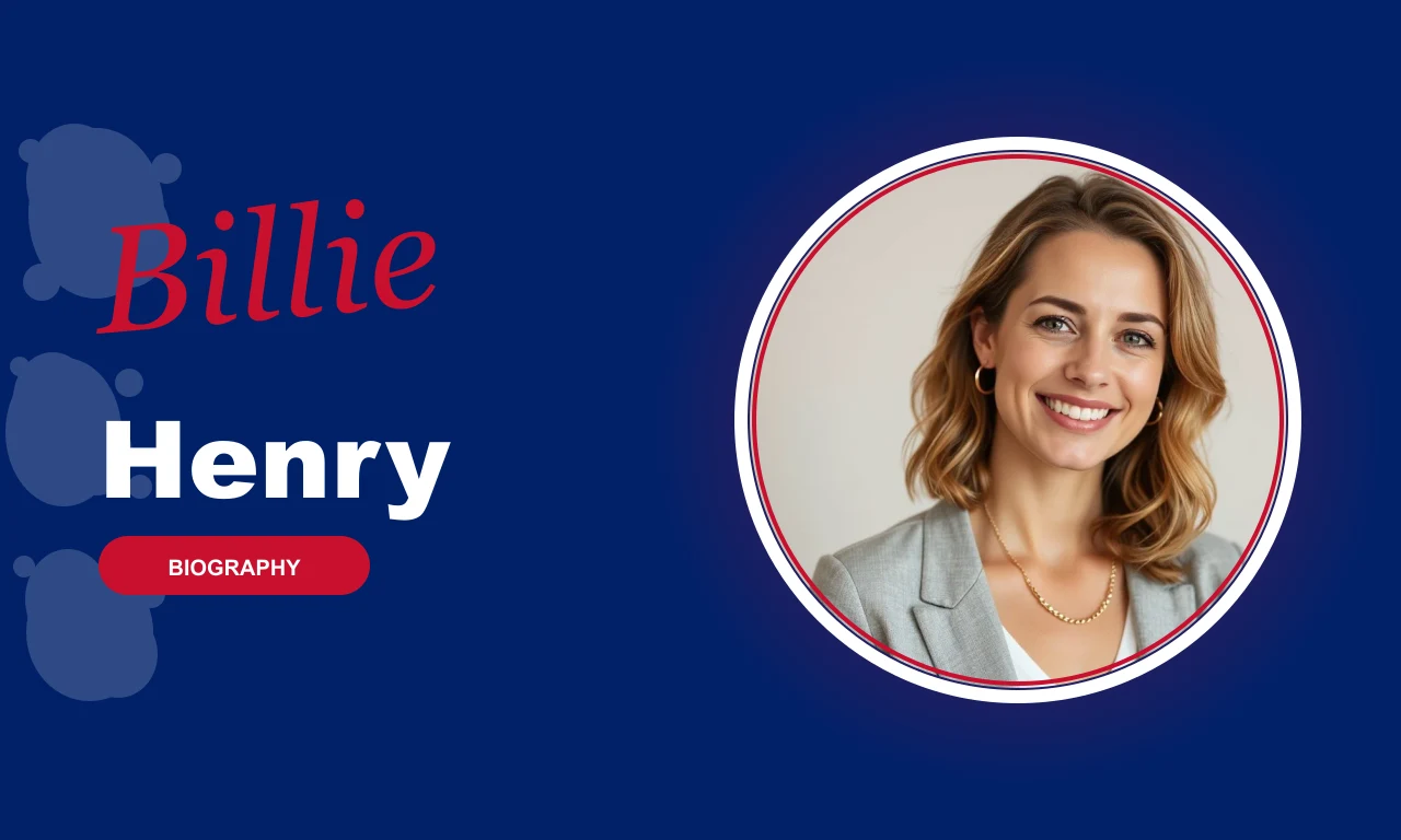 Billie Henry featured profile banner, navy background with circular portrait and red BIOGRAPHY badge