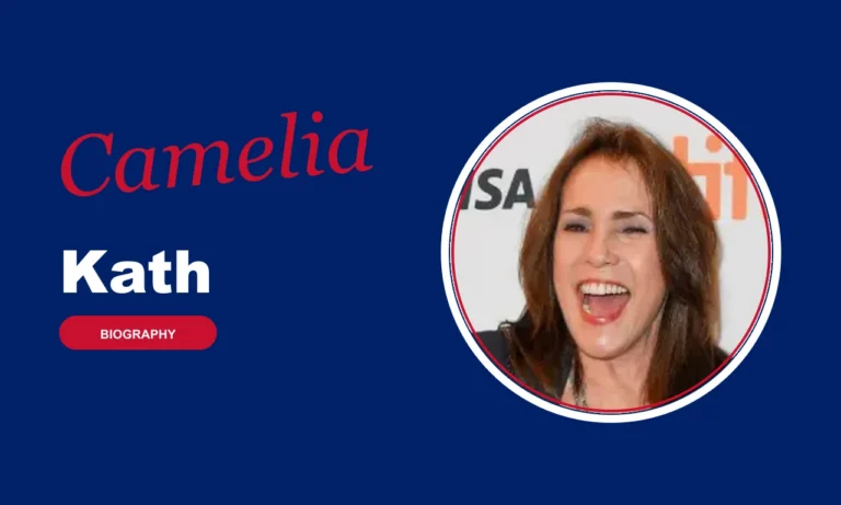 Camelia Kath biography banner on navy background