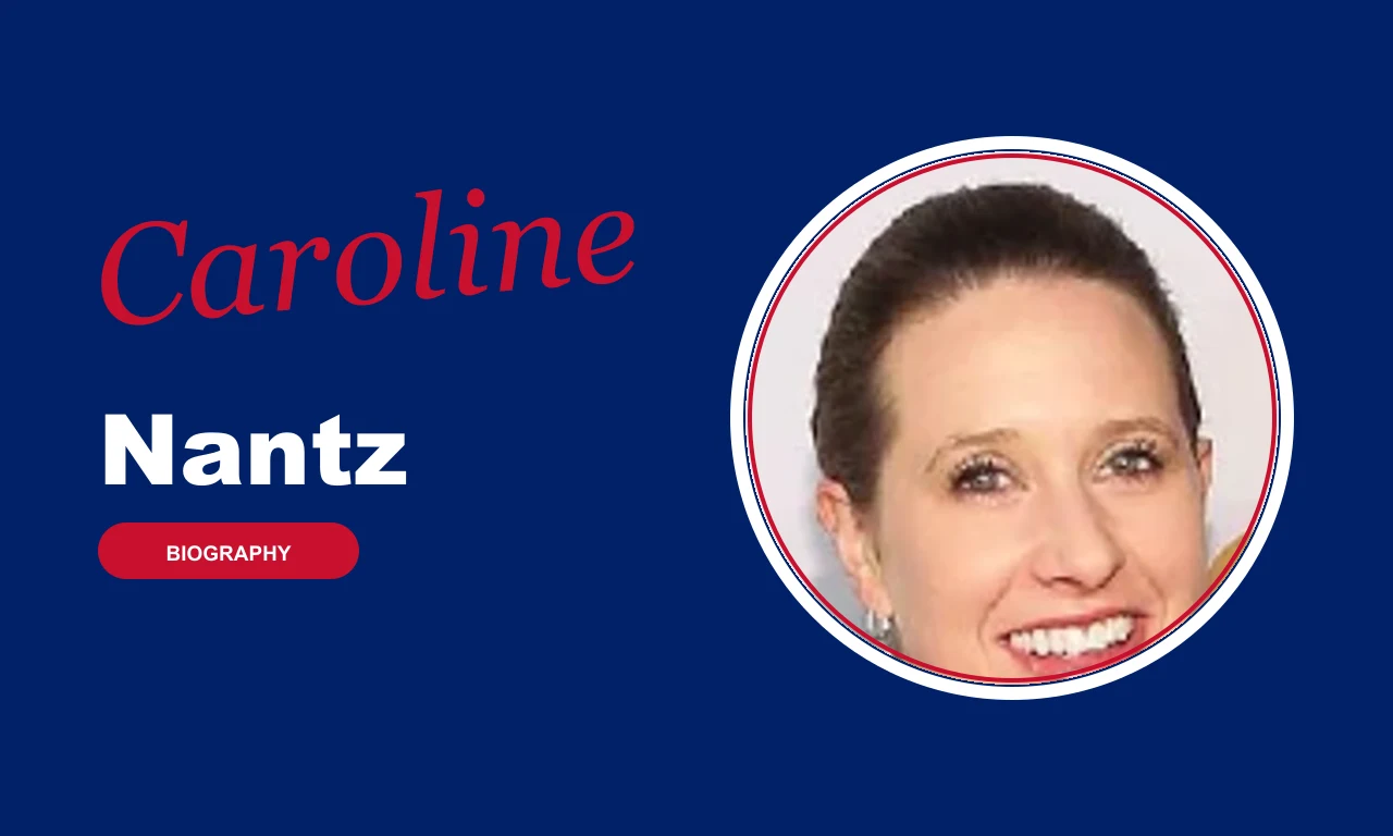 Caroline Nantz biography banner on navy background