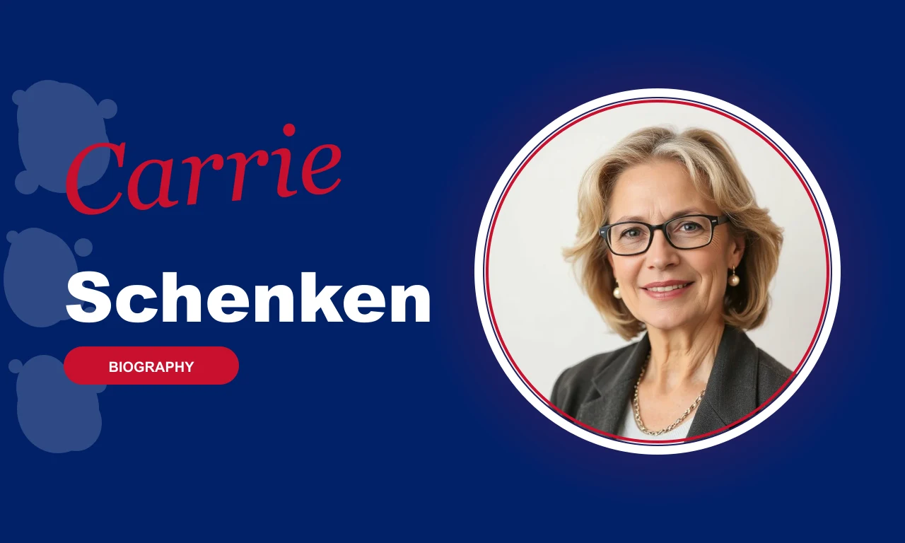 Carrie Schenken featured profile banner, navy background with circular portrait and red BIOGRAPHY badge