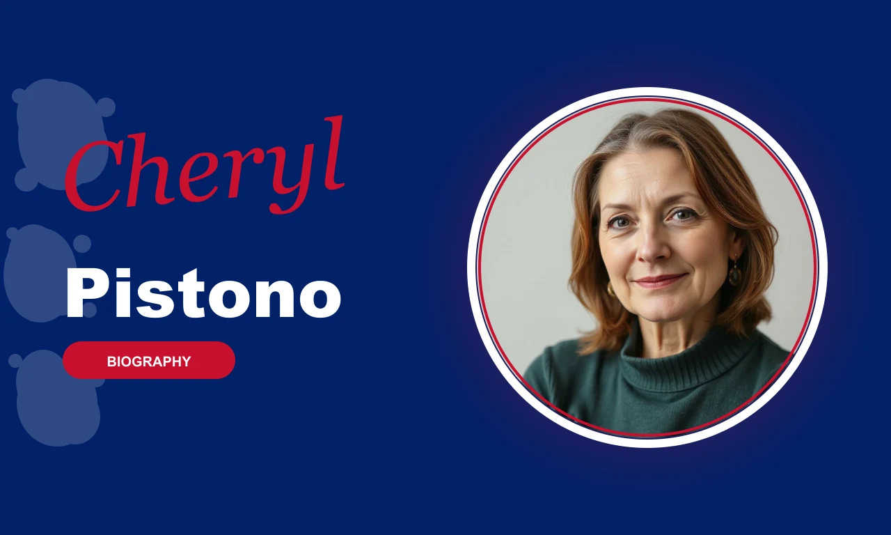 Cheryl Pistono featured profile banner, navy background with circular portrait and red BIOGRAPHY badge