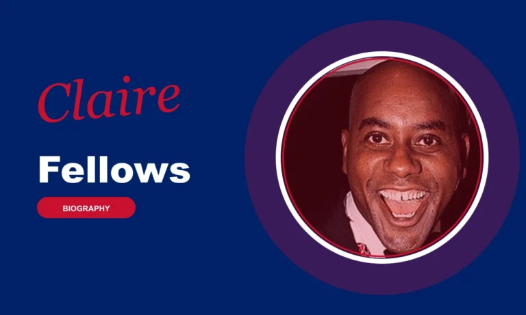Claire Fellows biography banner on navy background