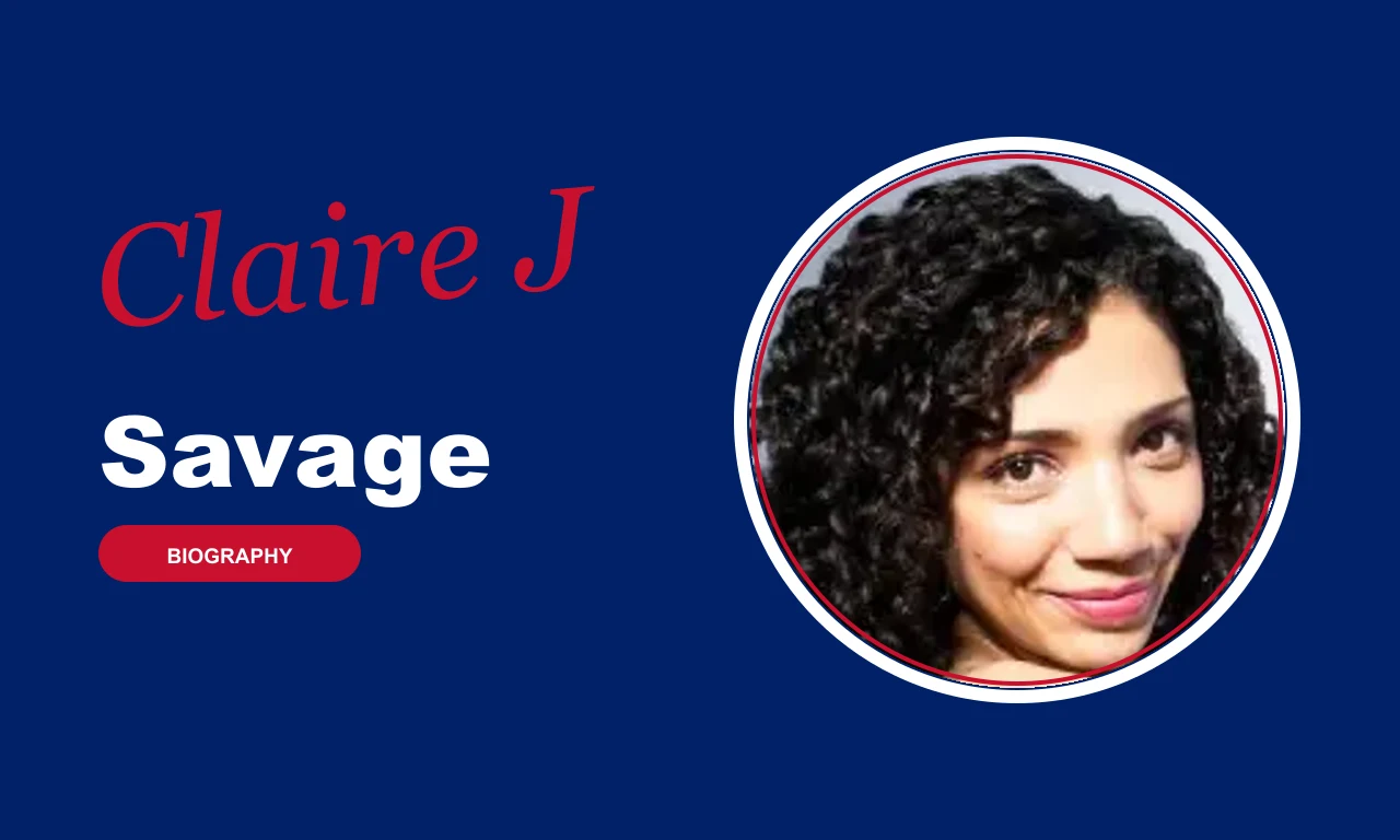 Claire J Savage biography banner on navy background