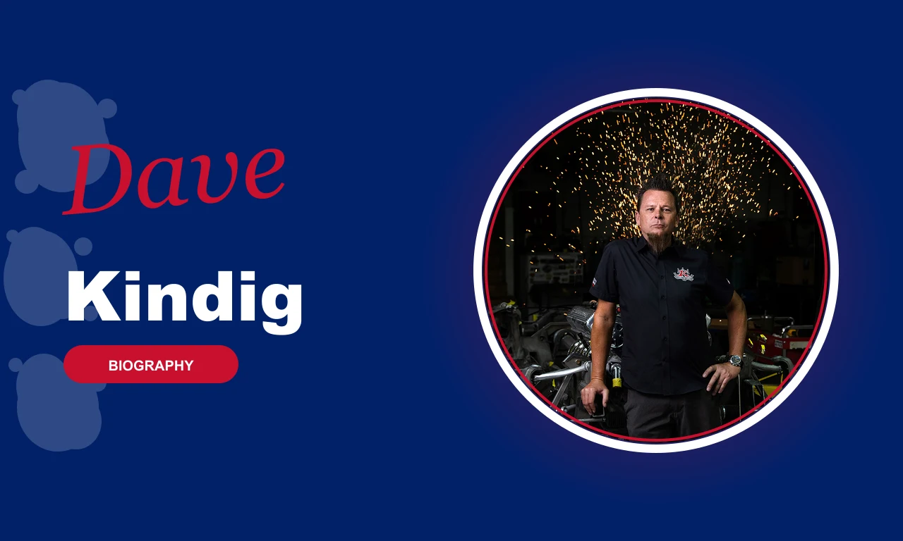 Dave Kindig featured profile banner, navy background with circular portrait and red BIOGRAPHY badge