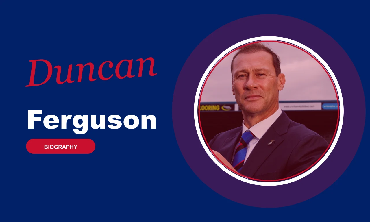 Duncan Ferguson biography banner on navy background