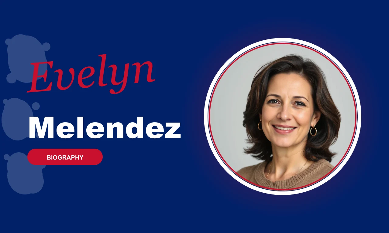 Evelyn Melendez featured profile banner, navy background with circular portrait and red BIOGRAPHY badge