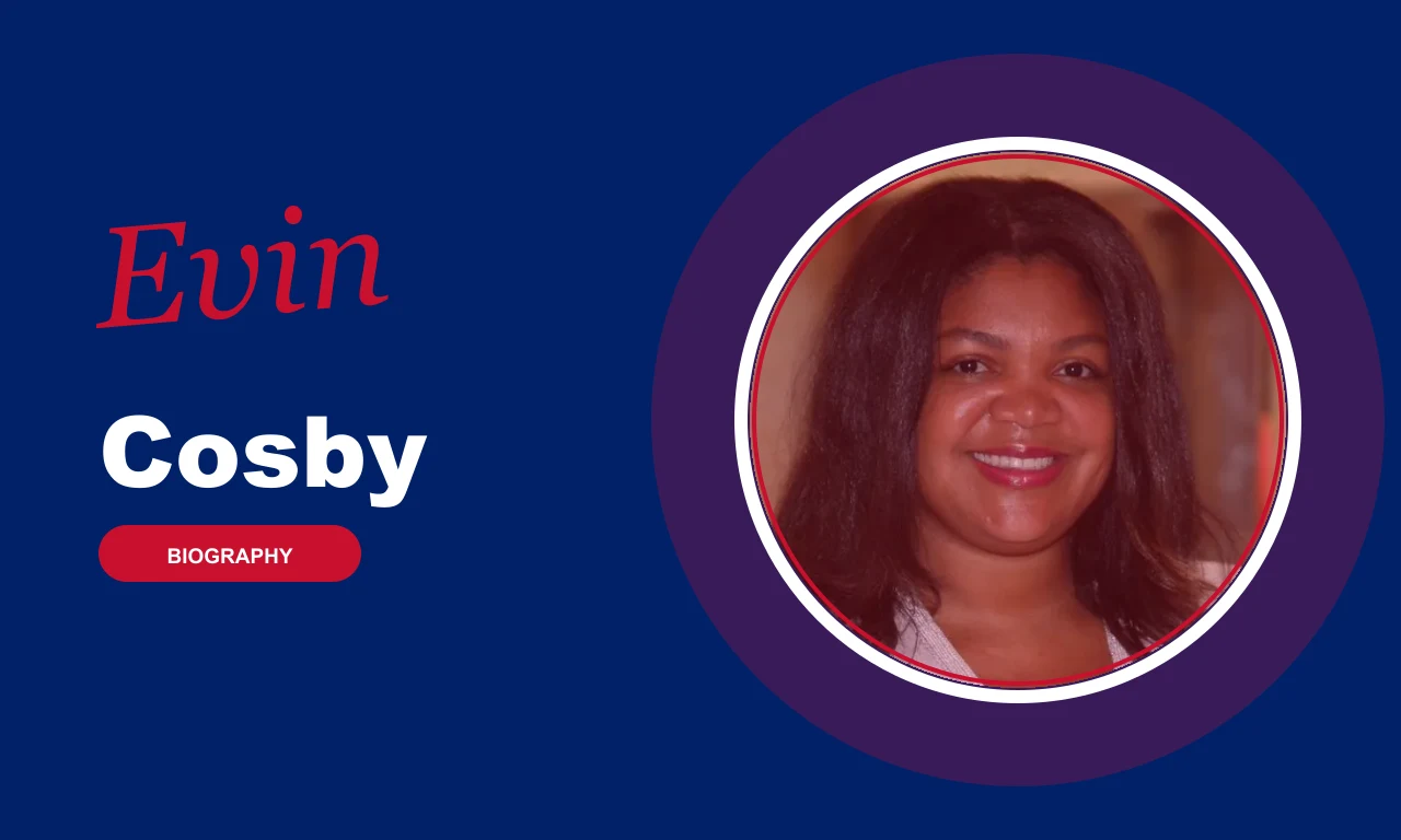 Evin Cosby biography banner on navy background