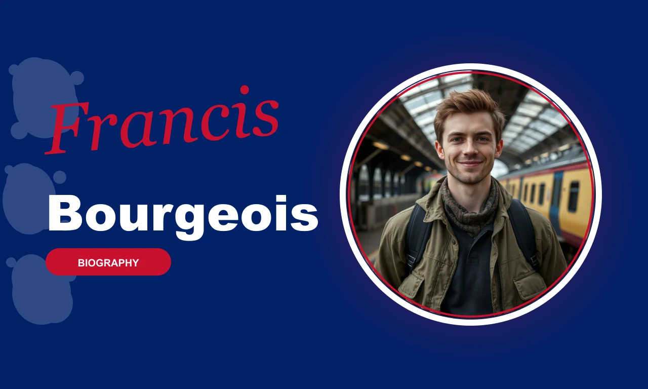 Francis Bourgeois featured profile banner, navy background with circular portrait and red BIOGRAPHY badge