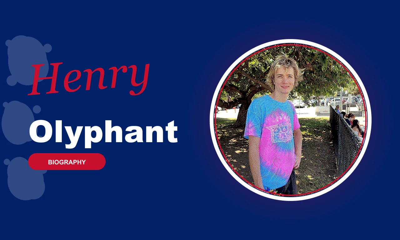 Henry Olyphant featured profile banner, navy background with circular portrait and red BIOGRAPHY badge