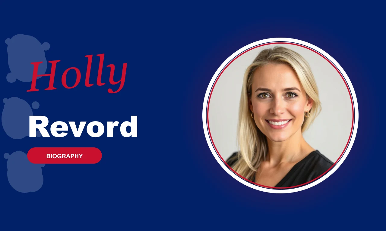 Holly Revord featured profile banner, navy background with circular portrait and red BIOGRAPHY badge