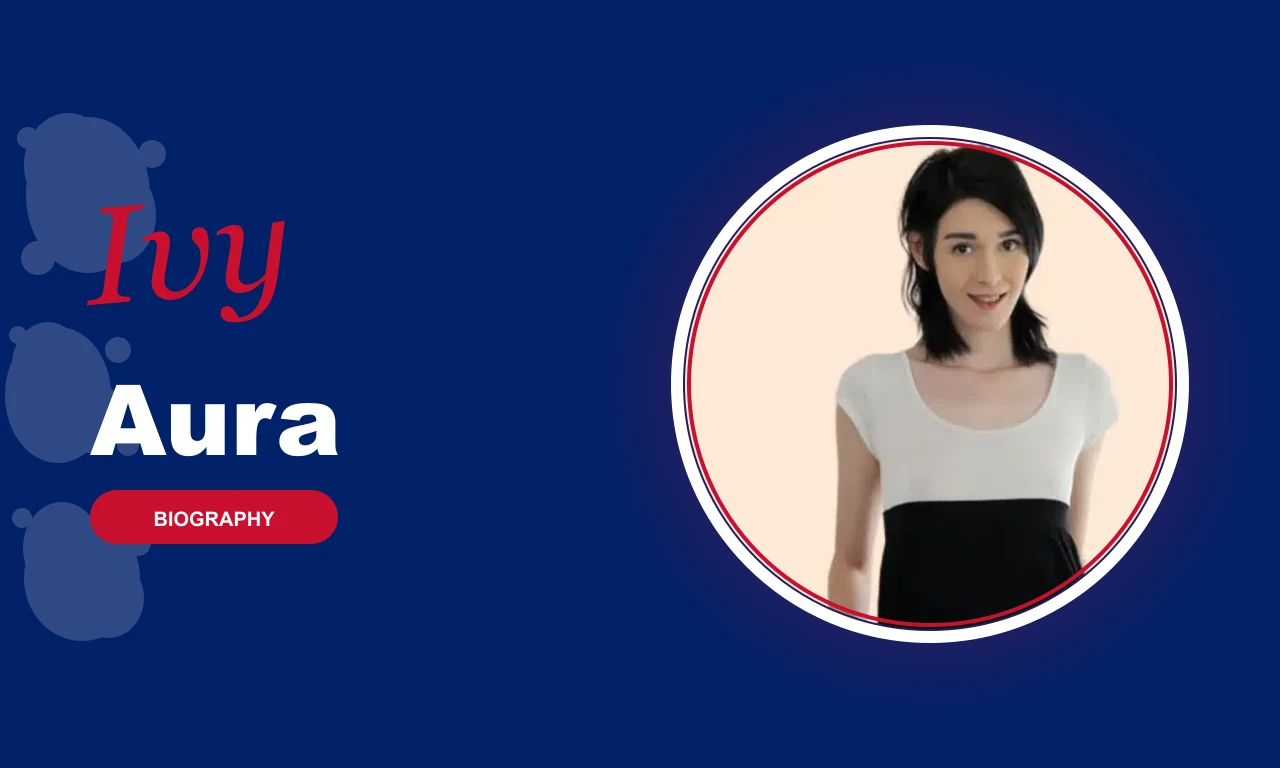 Ivy Aura featured profile banner, navy background with circular portrait and red BIOGRAPHY badge