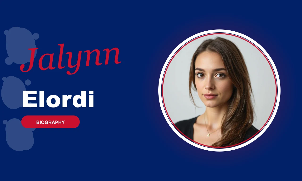 Jalynn Elordi featured profile banner, navy background with circular portrait and red BIOGRAPHY badge