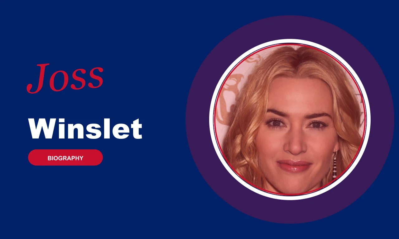 Joss Winslet biography banner on navy background