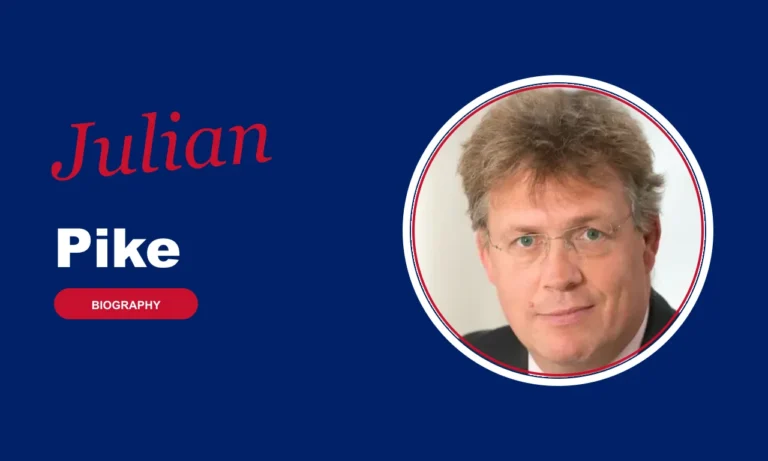 Julian Pike biography banner on navy background