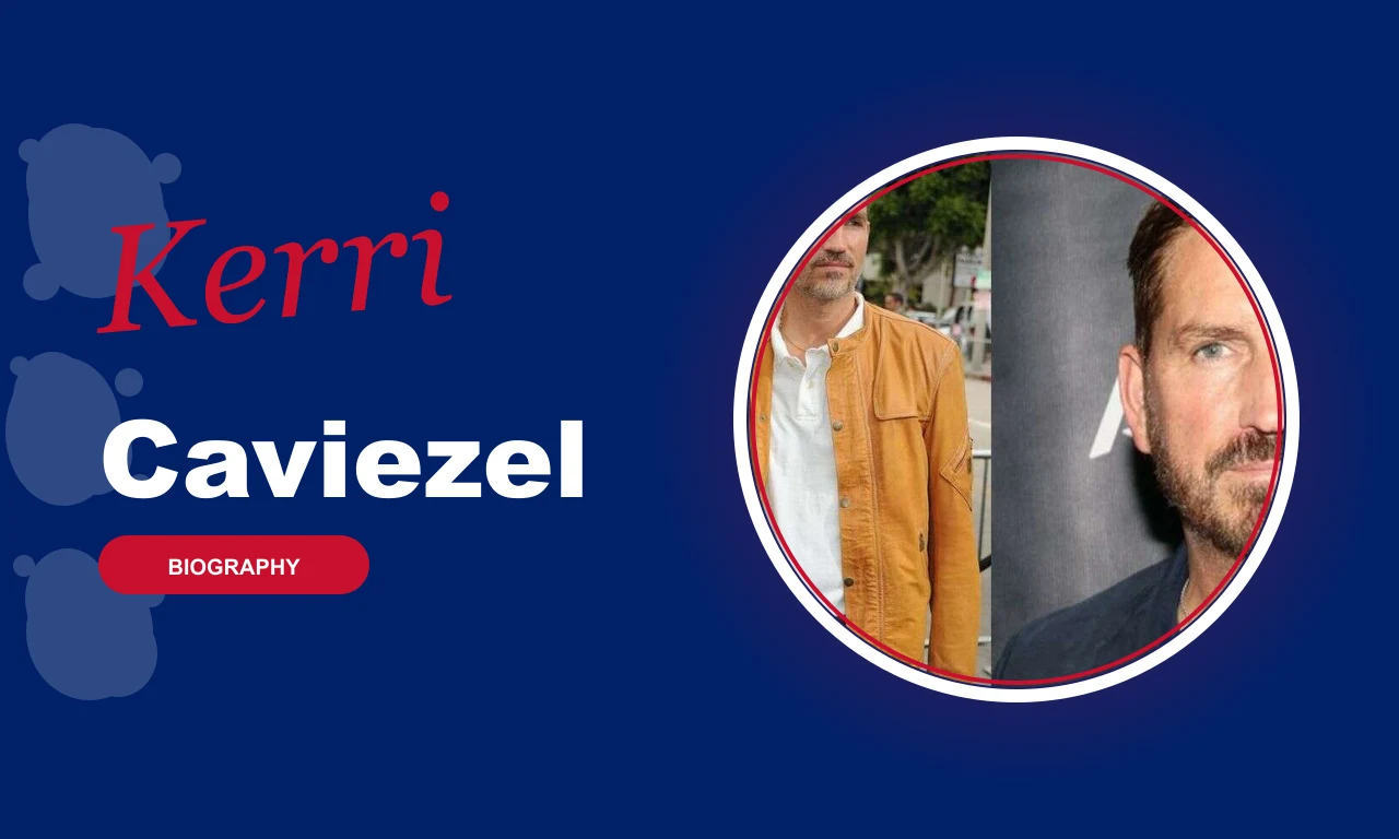Kerri Browitt Caviezel featured profile banner, navy background with circular portrait and red BIOGRAPHY badge