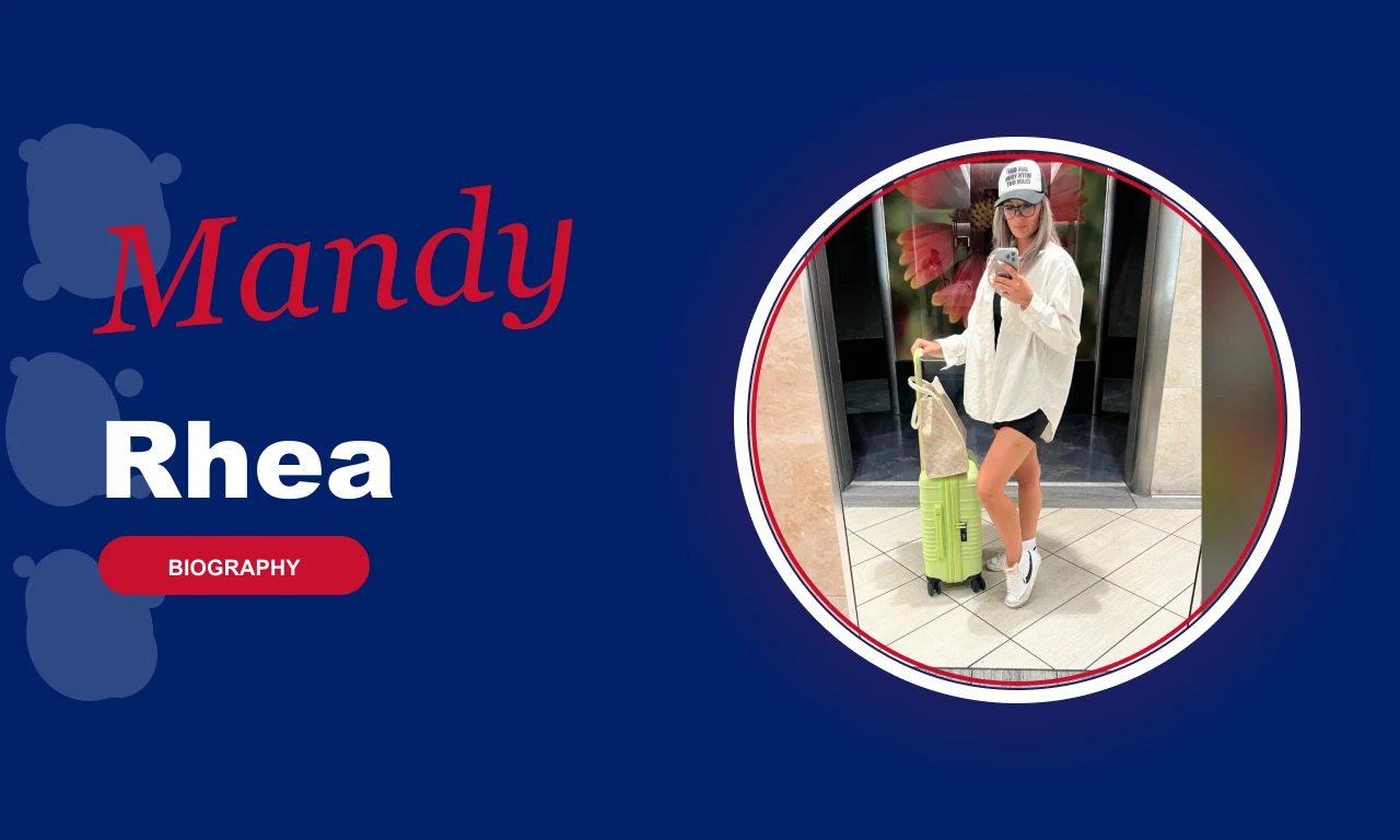 Mandy Rhea featured profile banner, navy background with circular portrait and red BIOGRAPHY badge