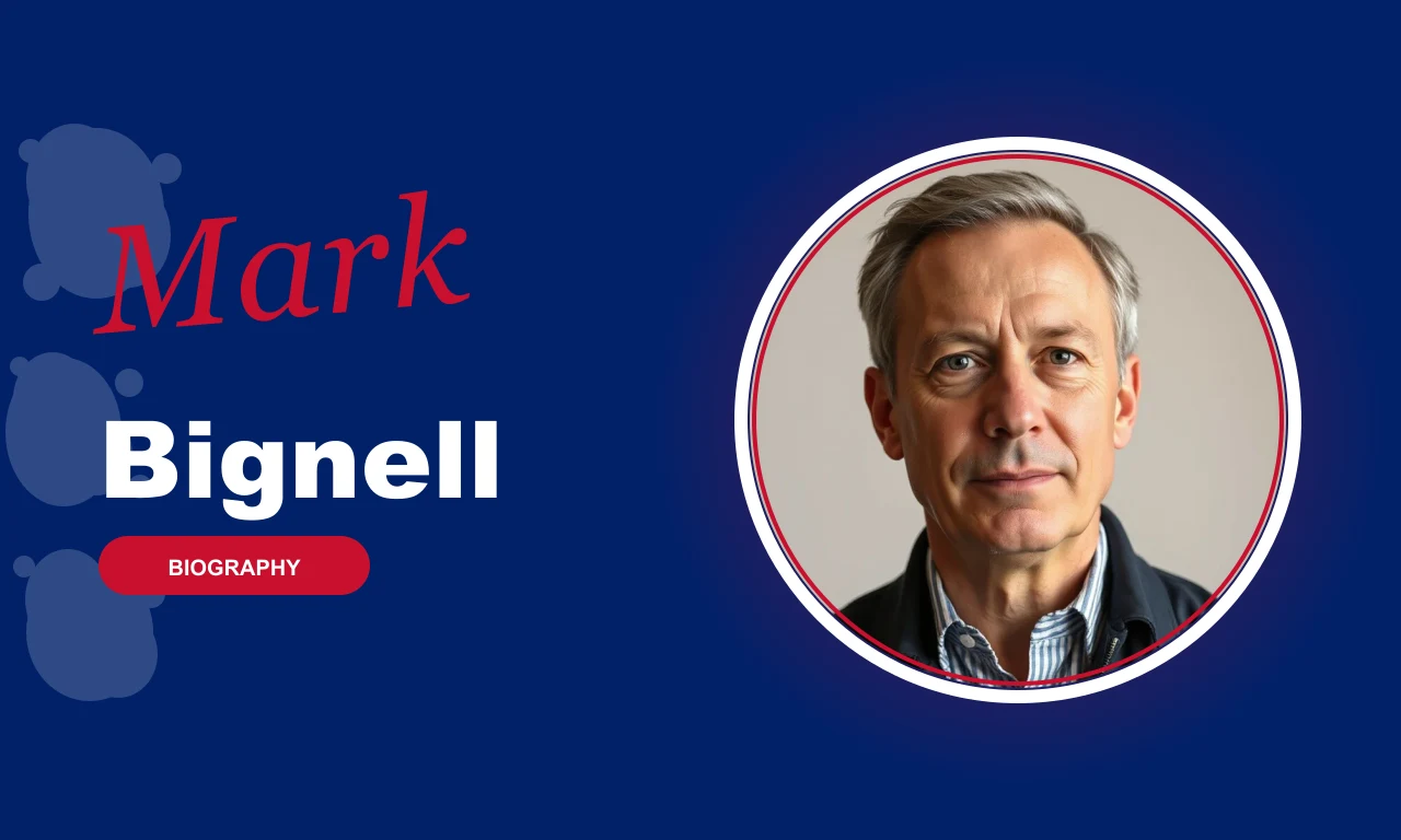 Mark Bignell featured profile banner, navy background with circular portrait and red BIOGRAPHY badge