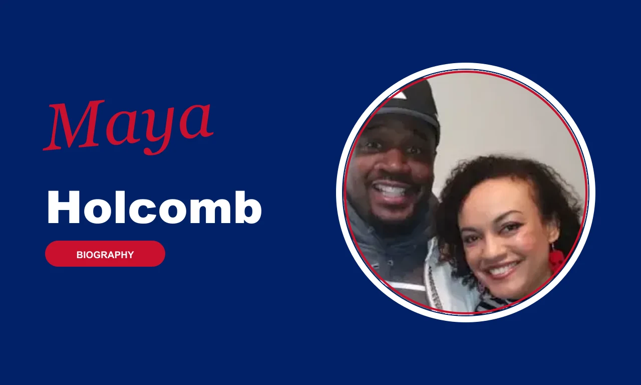 Maya Holcomb biography banner on navy background