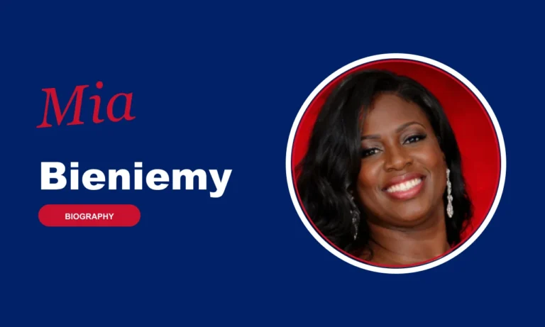 Mia Bieniemy biography banner on navy background