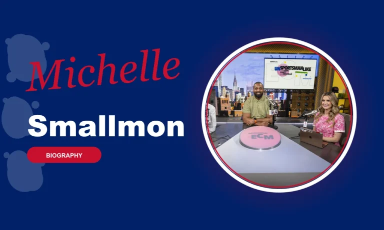 Michelle Smallmon featured profile banner, navy background with circular portrait and red BIOGRAPHY badge