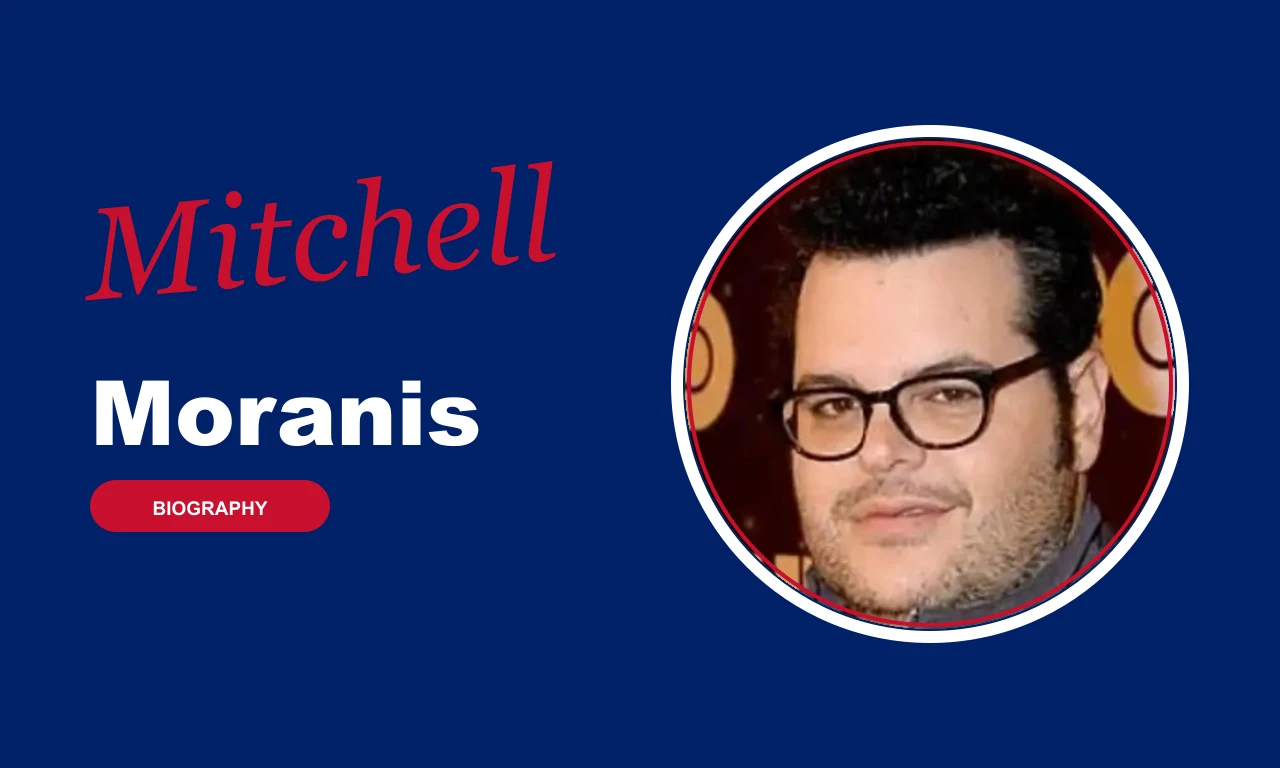 Mitchell Moranis biography banner on navy background