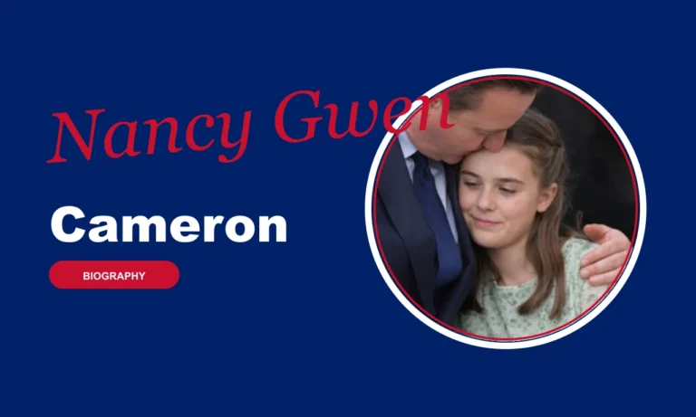 Nancy Gwen Cameron biography banner on navy background