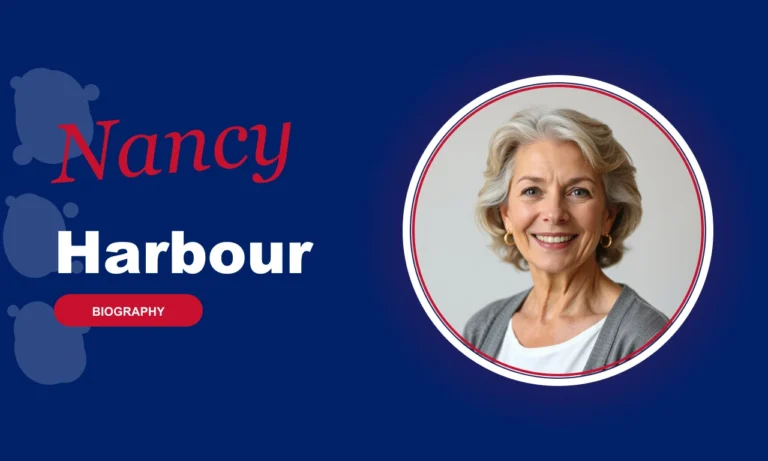 Nancy Harbour featured profile banner, navy background with circular portrait and red BIOGRAPHY badge