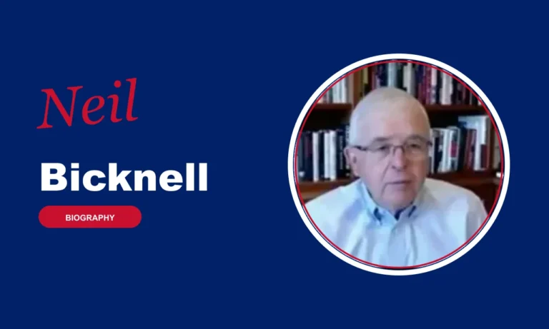 Neil Bicknell biography banner on navy background