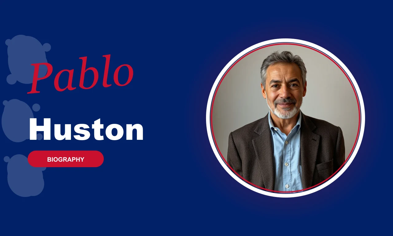 Pablo Huston featured profile banner, navy background with circular portrait and red BIOGRAPHY badge