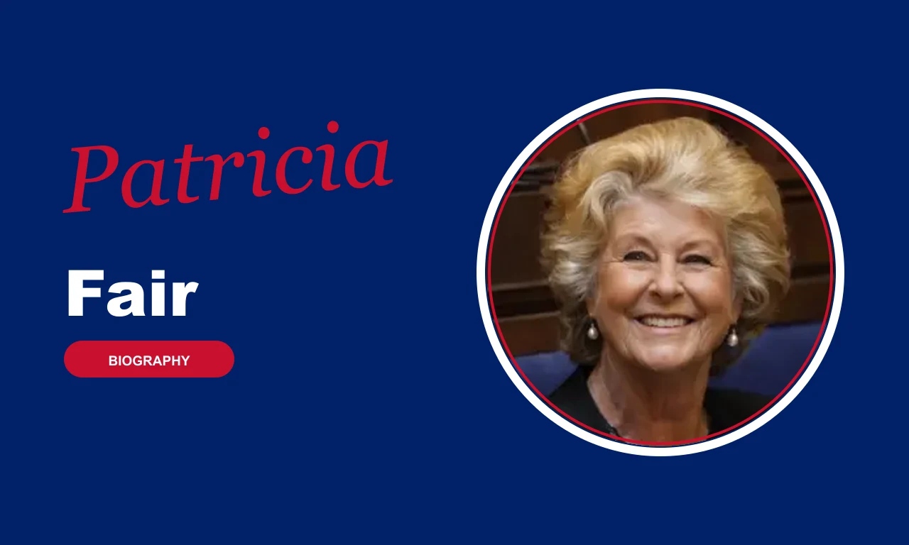 Patricia Fair biography banner on navy background