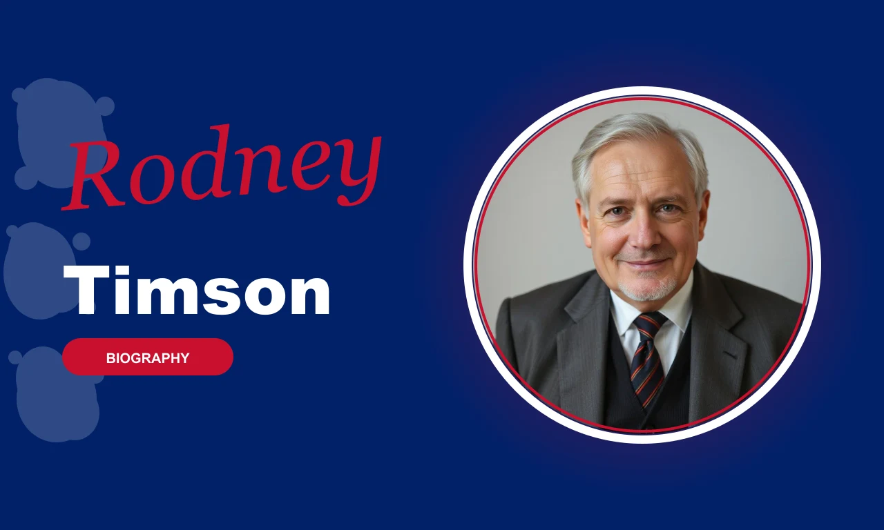 Rodney Timson featured profile banner, navy background with circular portrait and red BIOGRAPHY badge