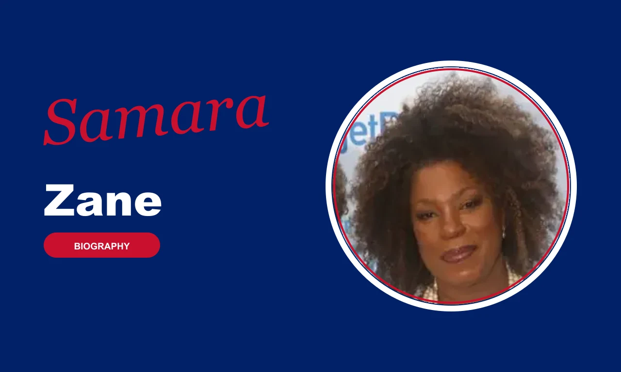 Samara Zane biography banner on navy background