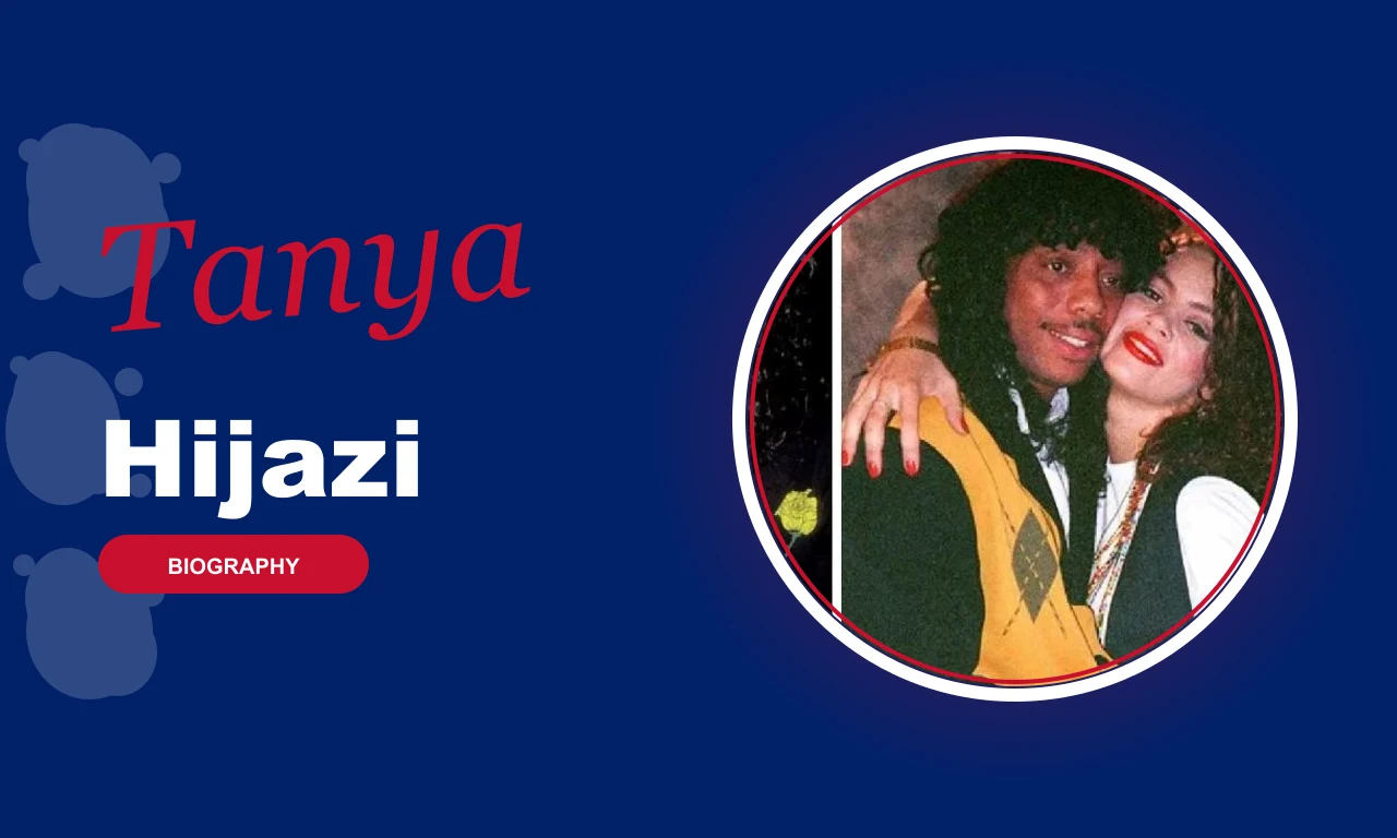 Tanya Hijazi featured profile banner, navy background with circular portrait and red BIOGRAPHY badge