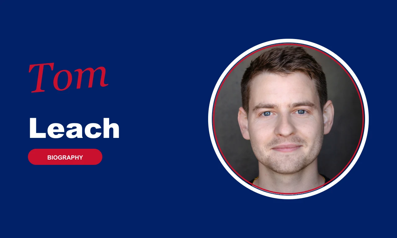 Tom Leach biography banner on navy background