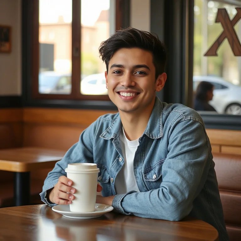 Smiling young adult sitting at a cafe table with coffee in casual clothing with warm natural daylight