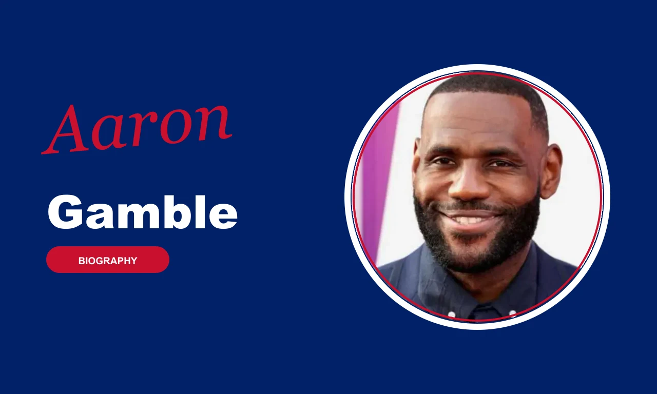 Aaron Gamble biography banner on navy background