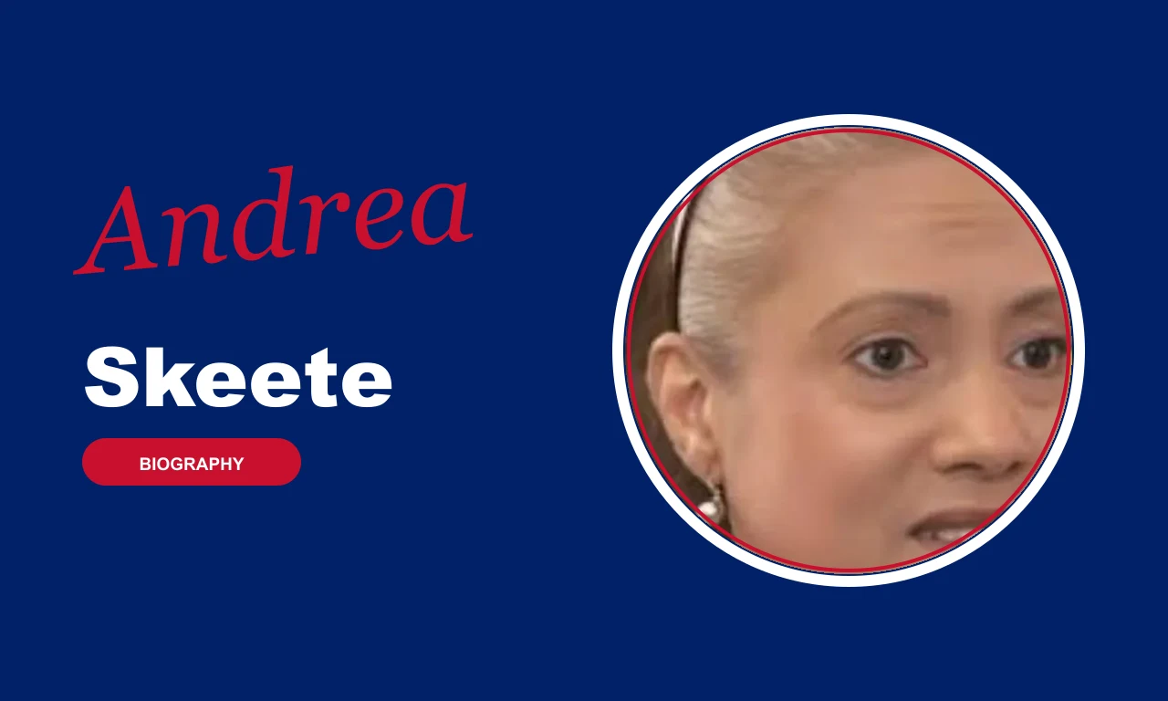 Andrea Skeete biography banner on navy background