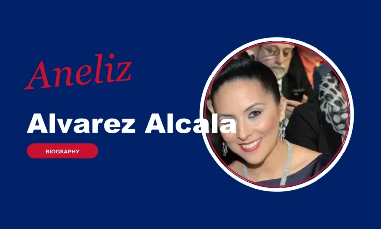 Aneliz Alvarez Alcala biography banner on navy background