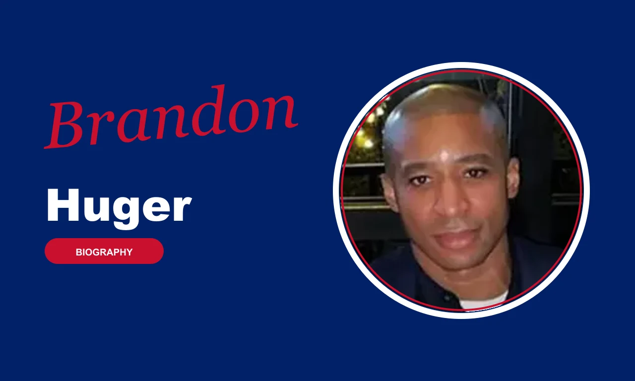 Brandon Huger biography banner on navy background