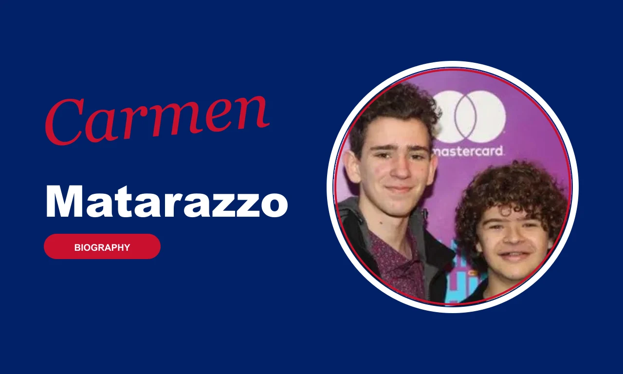 Carmen Matarazzo biography banner on navy background