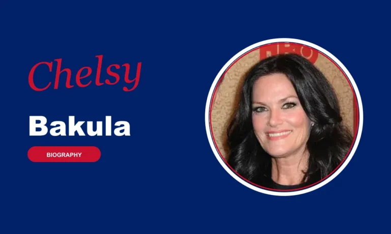 Chelsy Bakula biography banner on navy background
