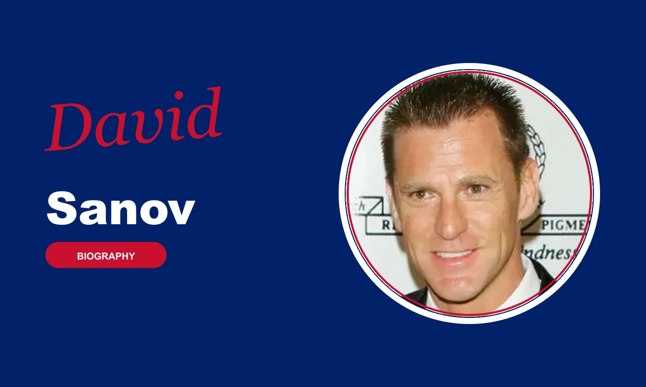 David Sanov biography banner on navy background
