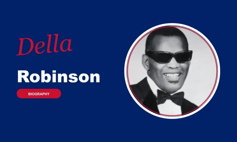 Della Robinson biography banner on navy background