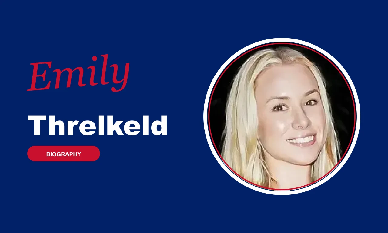 Emily Threlkeld biography banner on navy background