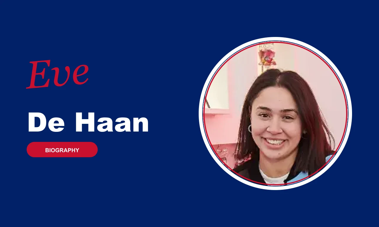 Eve De Haan biography banner on navy background