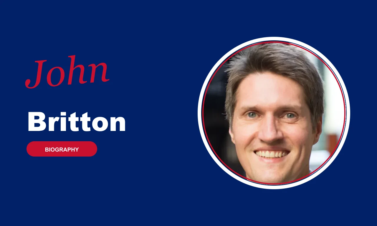 John Britton biography banner on navy background